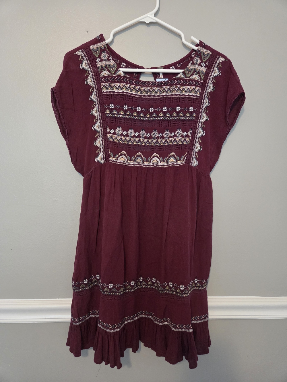 Free People Women's Embroidered Maroon Boho Dress